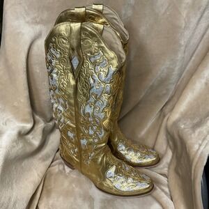 Gold White Cowboy Cowgirl Boots Metallic Sz 13